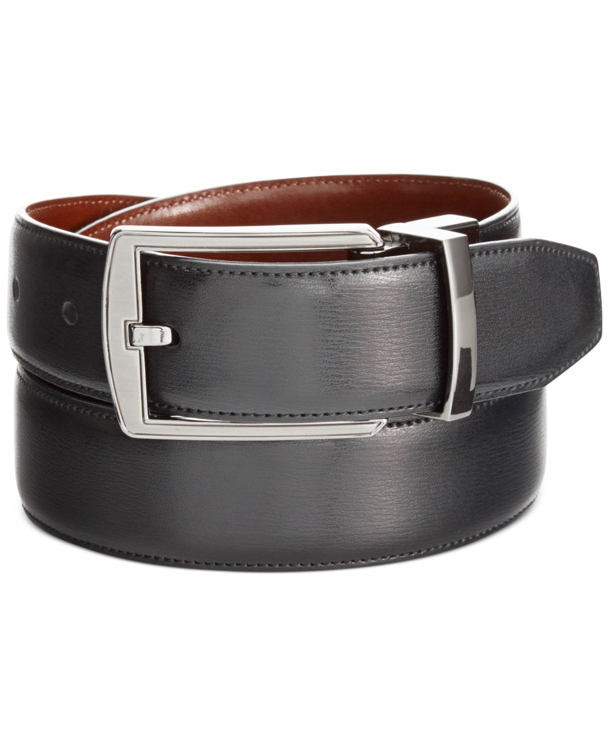 Perry Ellis Men's Leather Reversible Feather Stitch Edge Belt Black Size 36