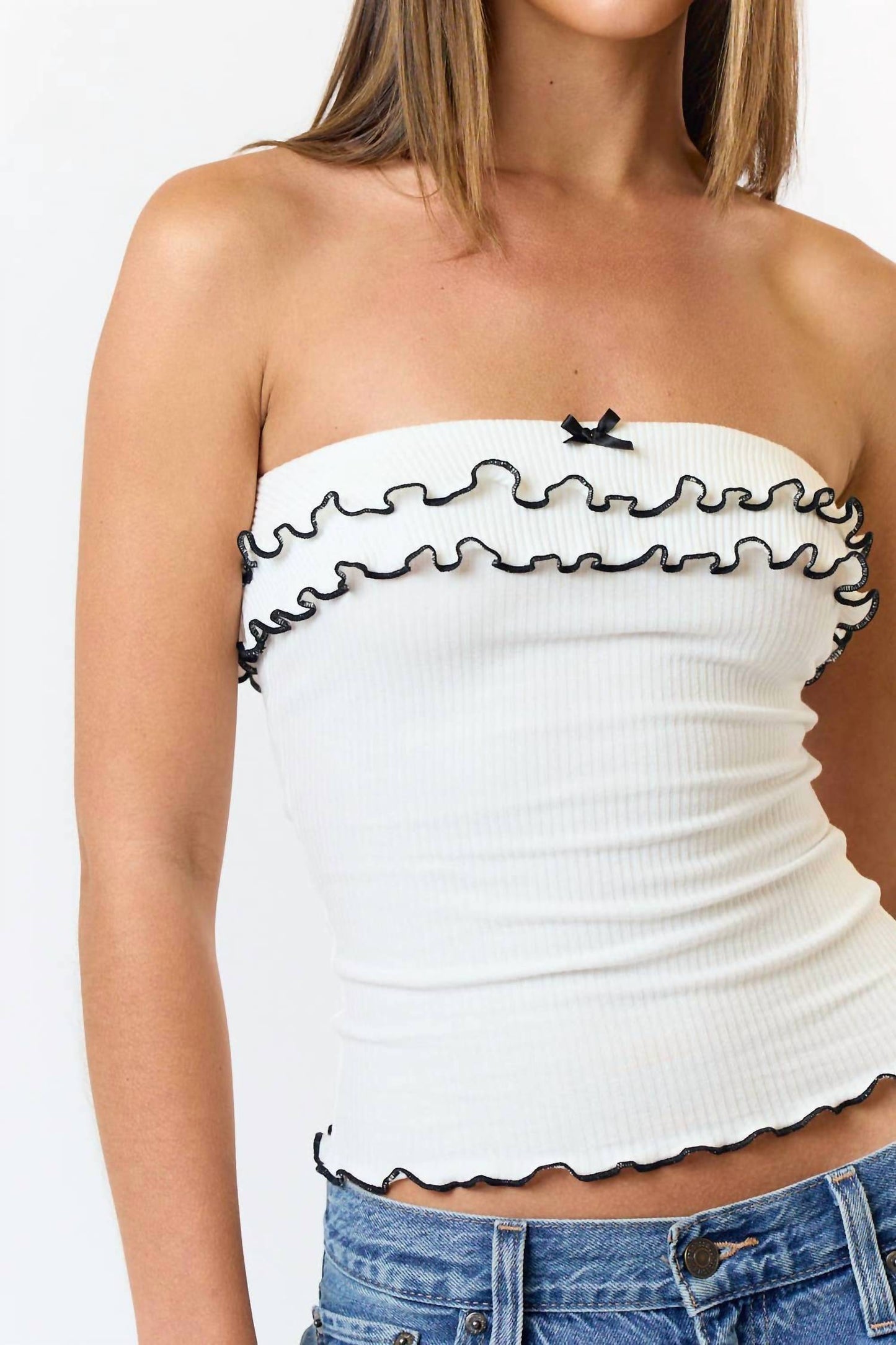 Blue Blush - Ribbed Tube Top with Bow Detail