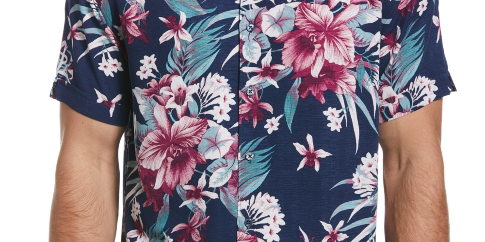 Cubavera Men's Floral Print Textured Short Sleeve Shirt Blue Size Medium