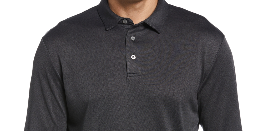 PGA Tour Men's Micro Birdseye Print Long Sleeve Polo Shirt Black Size Small