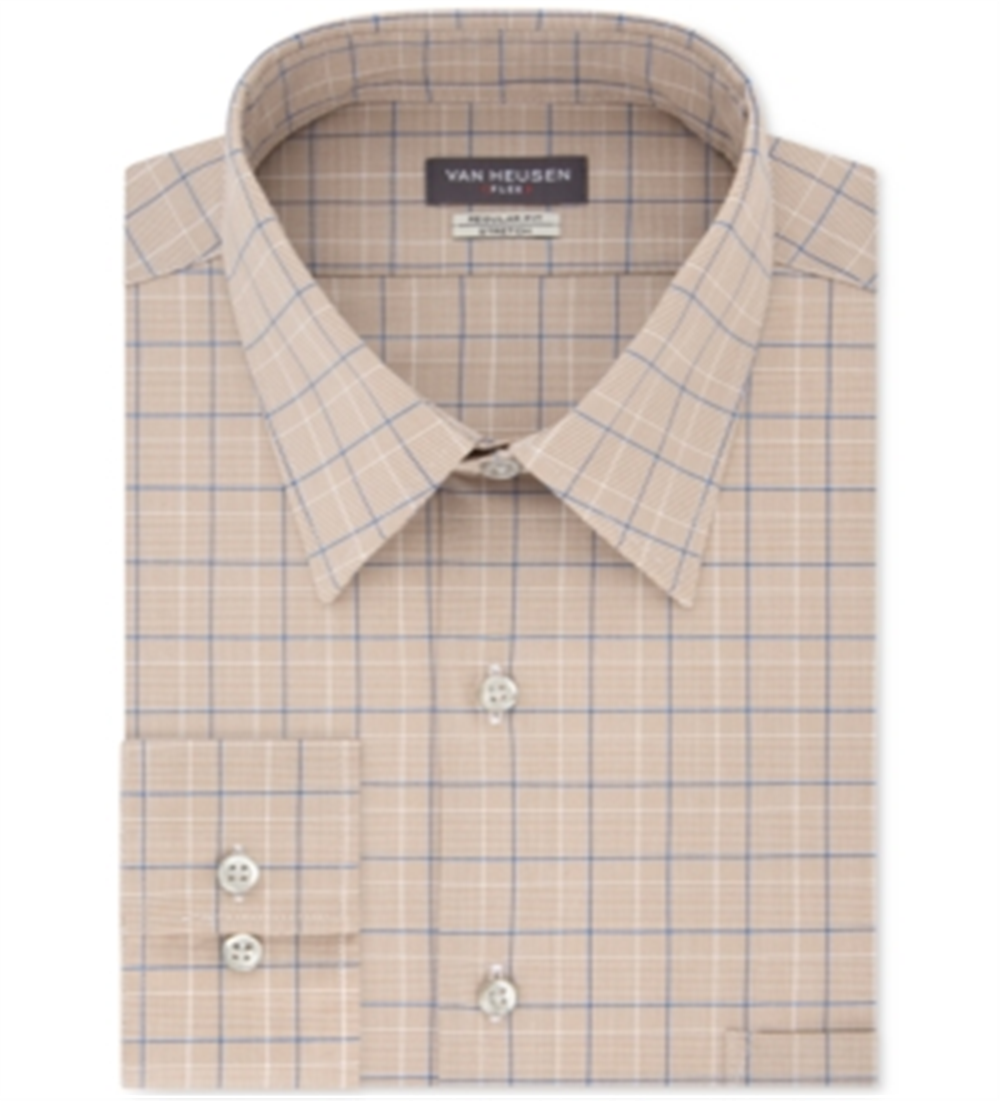 Van Heusen Men's Flex Classic Regular Fit Stretch Wrinkle Free Check Dress Shirt Brown Size 18X34X35