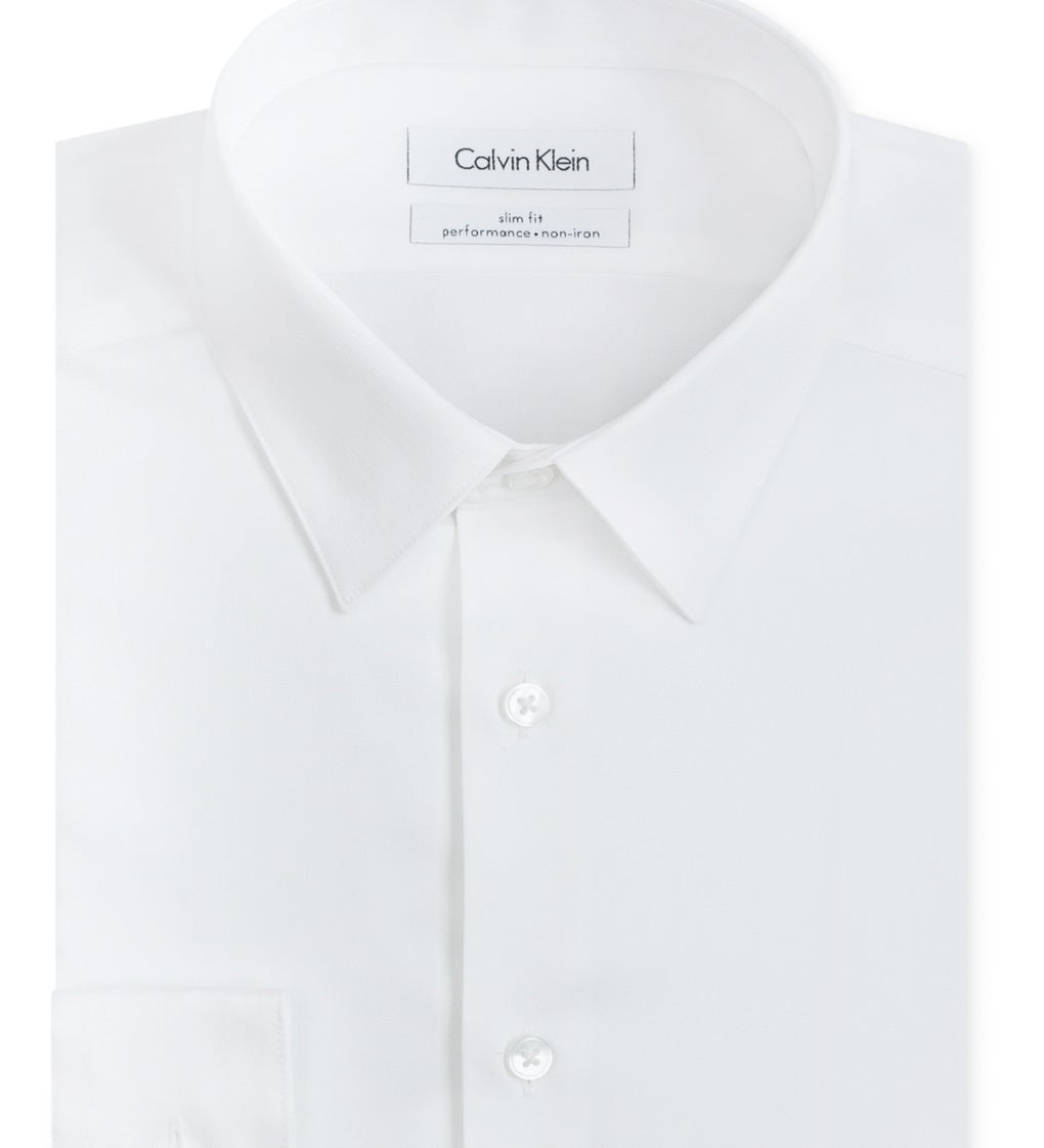 Calvin Klein Men's Slim Fit Non Iron Performance Herringbone Point Collar Dress Shirt White Size 15X34X35