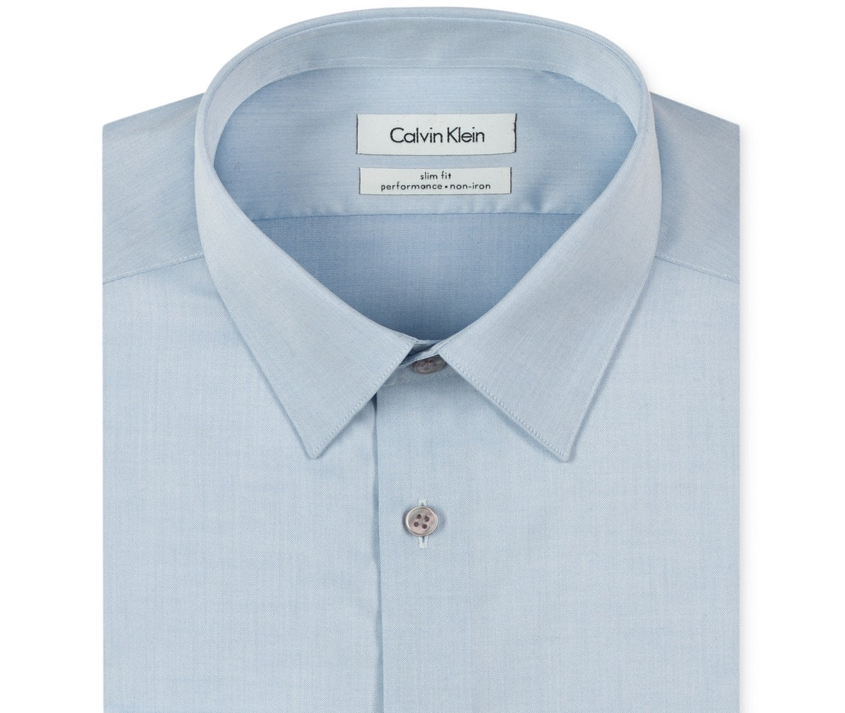 Calvin Klein Men's Slim Fit Non Iron Point Collar Dress Shirt Blue Size 18X34X35
