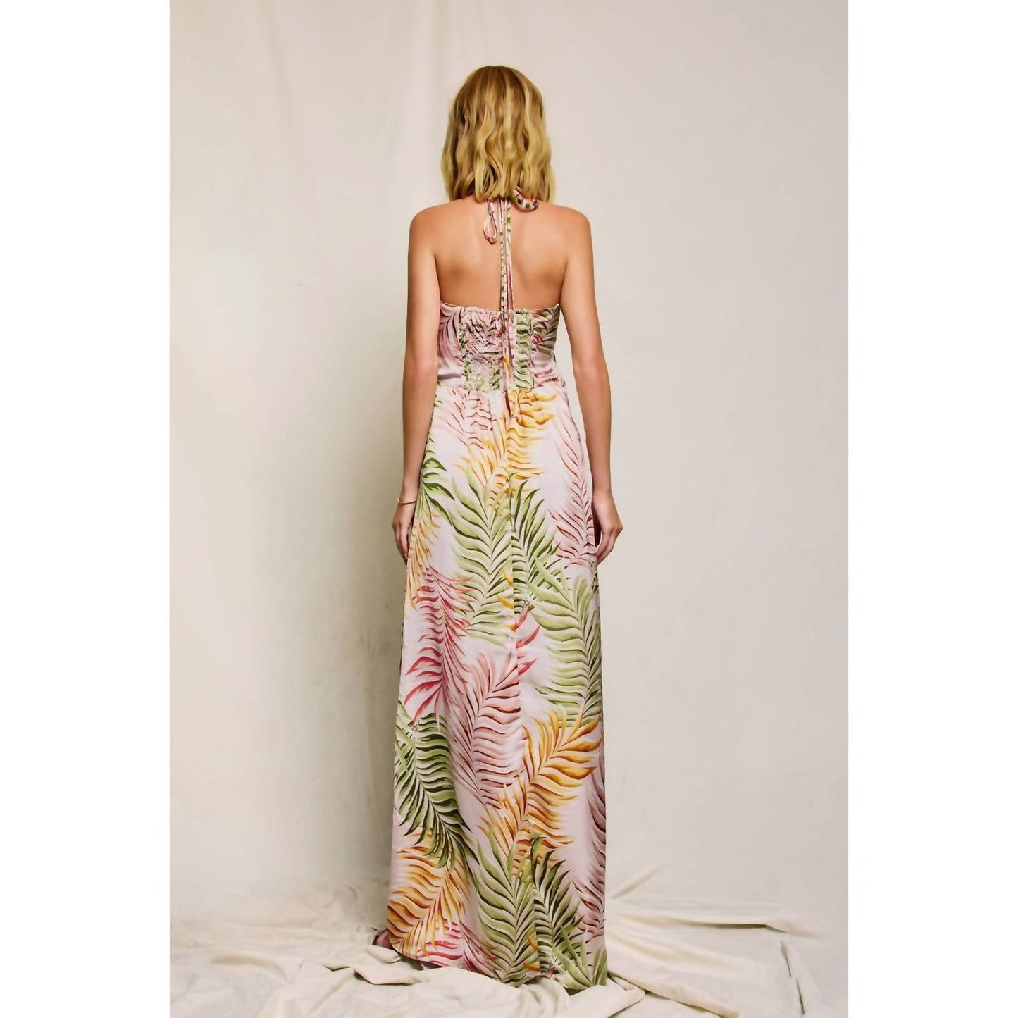 Dress Forum - Tropical Leaf Printed Satin Maxi Dress
