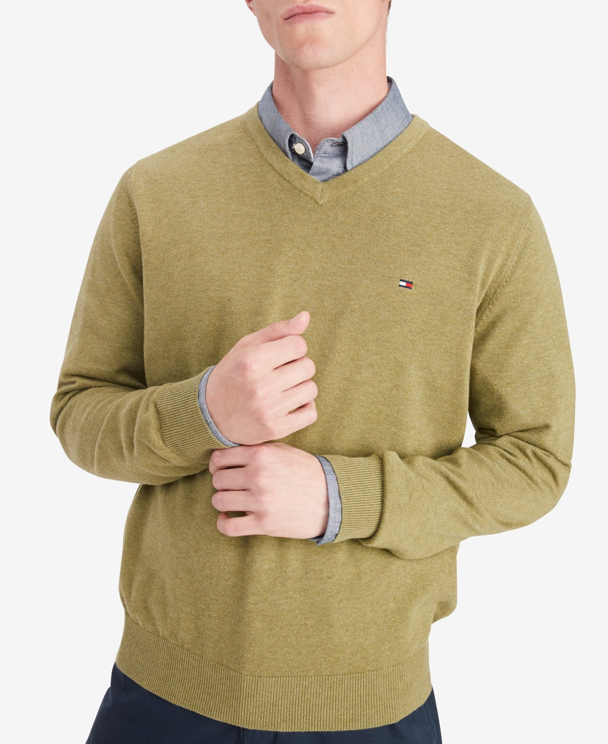 Tommy Hilfiger Men's Signature Solid V Neck Cotton Sweater Green Size Large