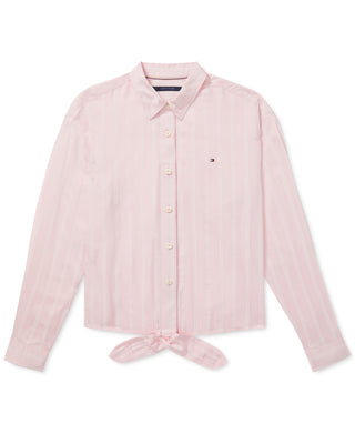 Tommy Hilfiger Women's Striped Tie Hem Magnetic Closure Shirt Pink Size Large