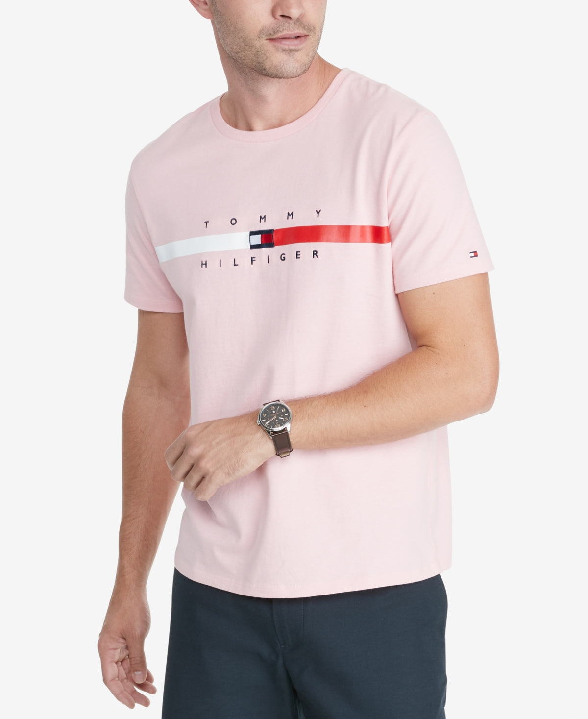 Tommy Hilfiger Men's Flag Stripe Short Sleeve T-Shirt Pink Size XX-Large