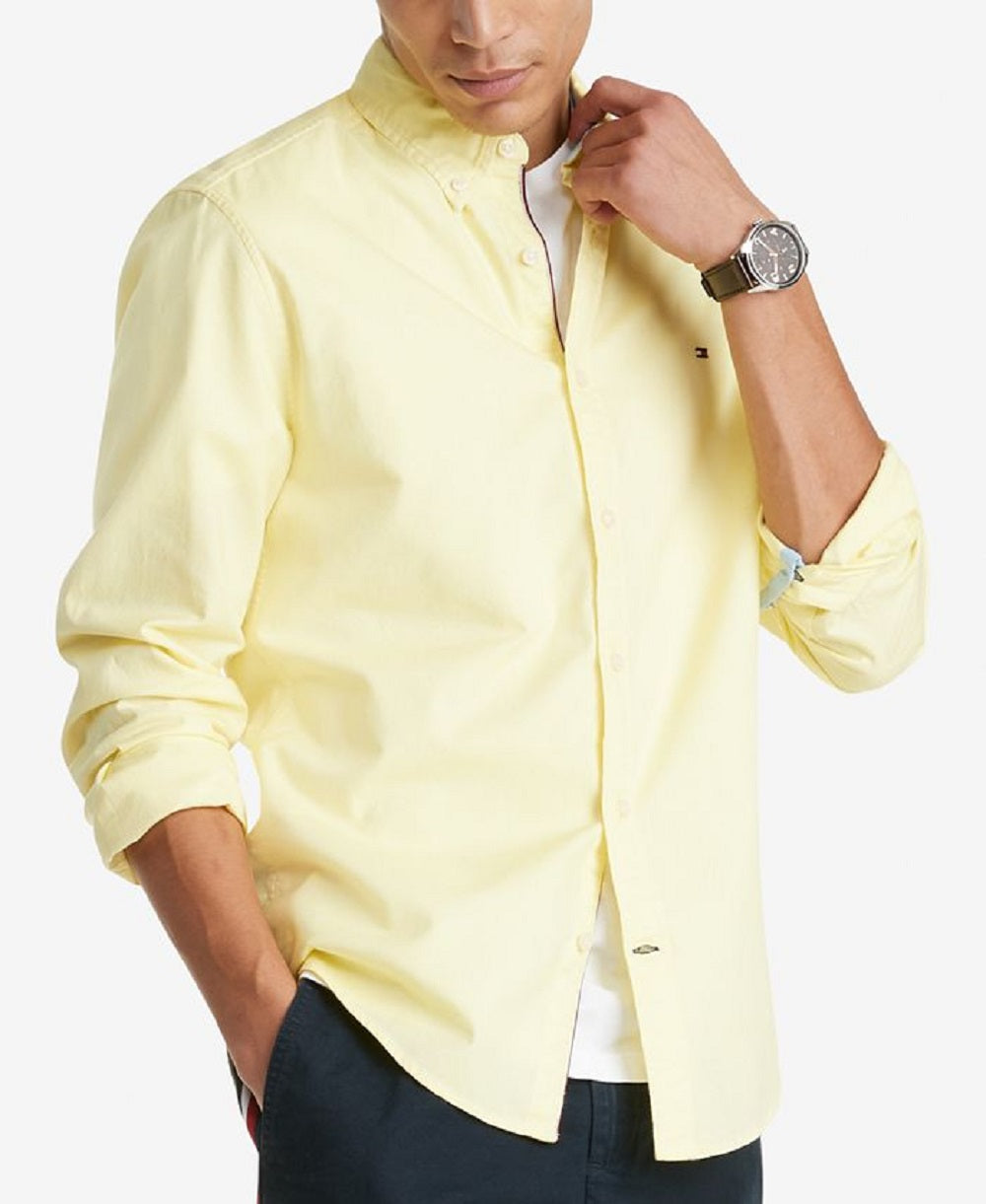 Tommy Hilfiger Men's Th Flex Oxford Custom Fit Shirt Yellow Size Medium