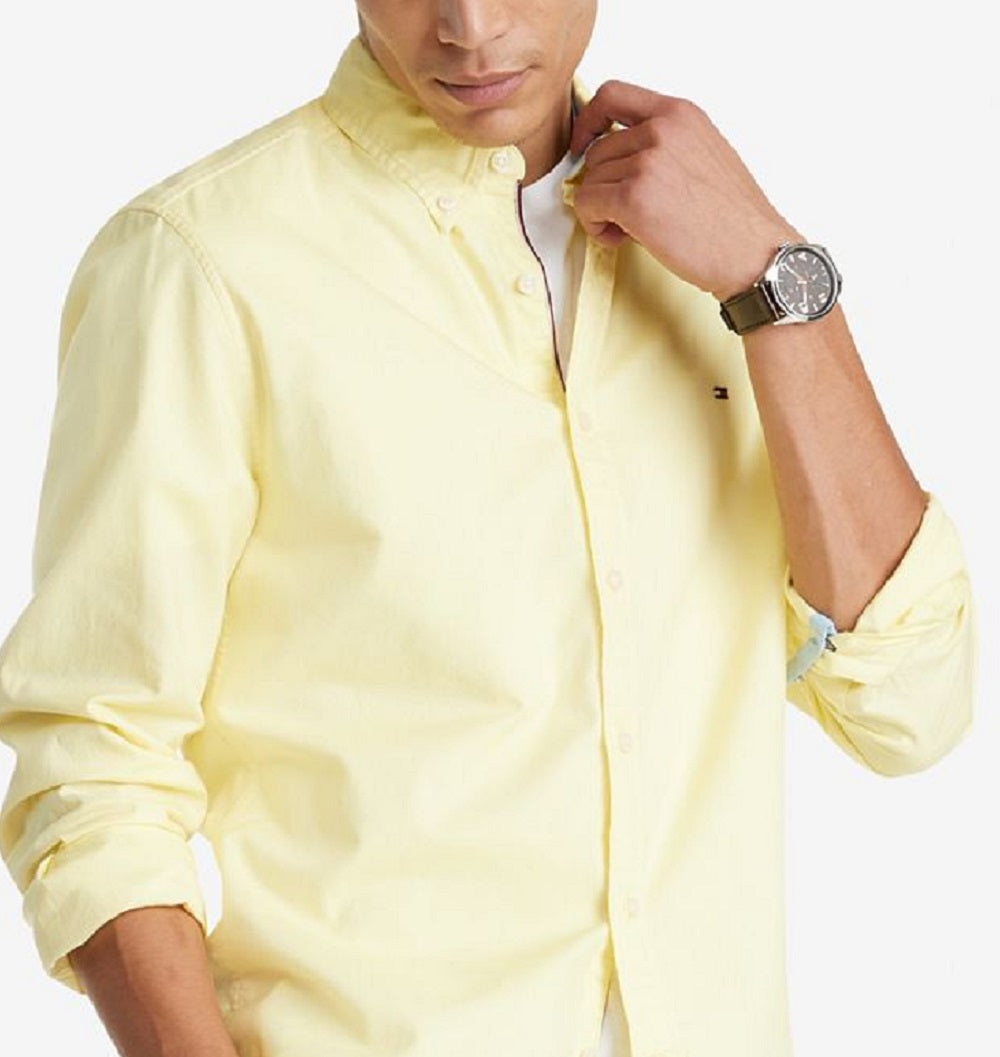 Tommy Hilfiger Men's Th Flex Oxford Custom Fit Shirt Yellow Size Medium