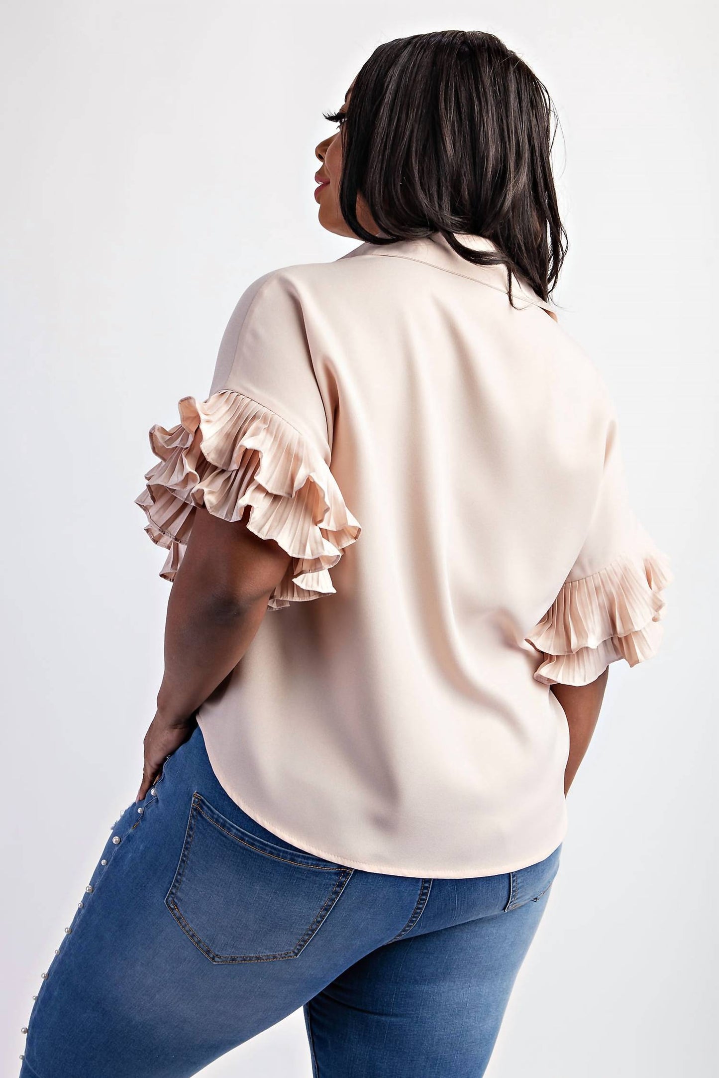 The Curve La - Plus Size Pleated Ruffle Sleeve Shirt Top