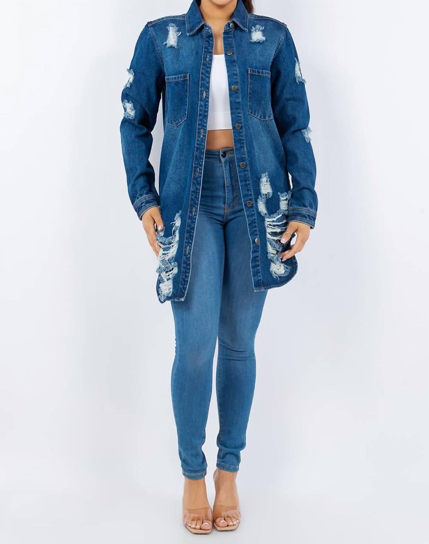 American Bazi - Distressed Button Up Long Sleeve Denim Jacket