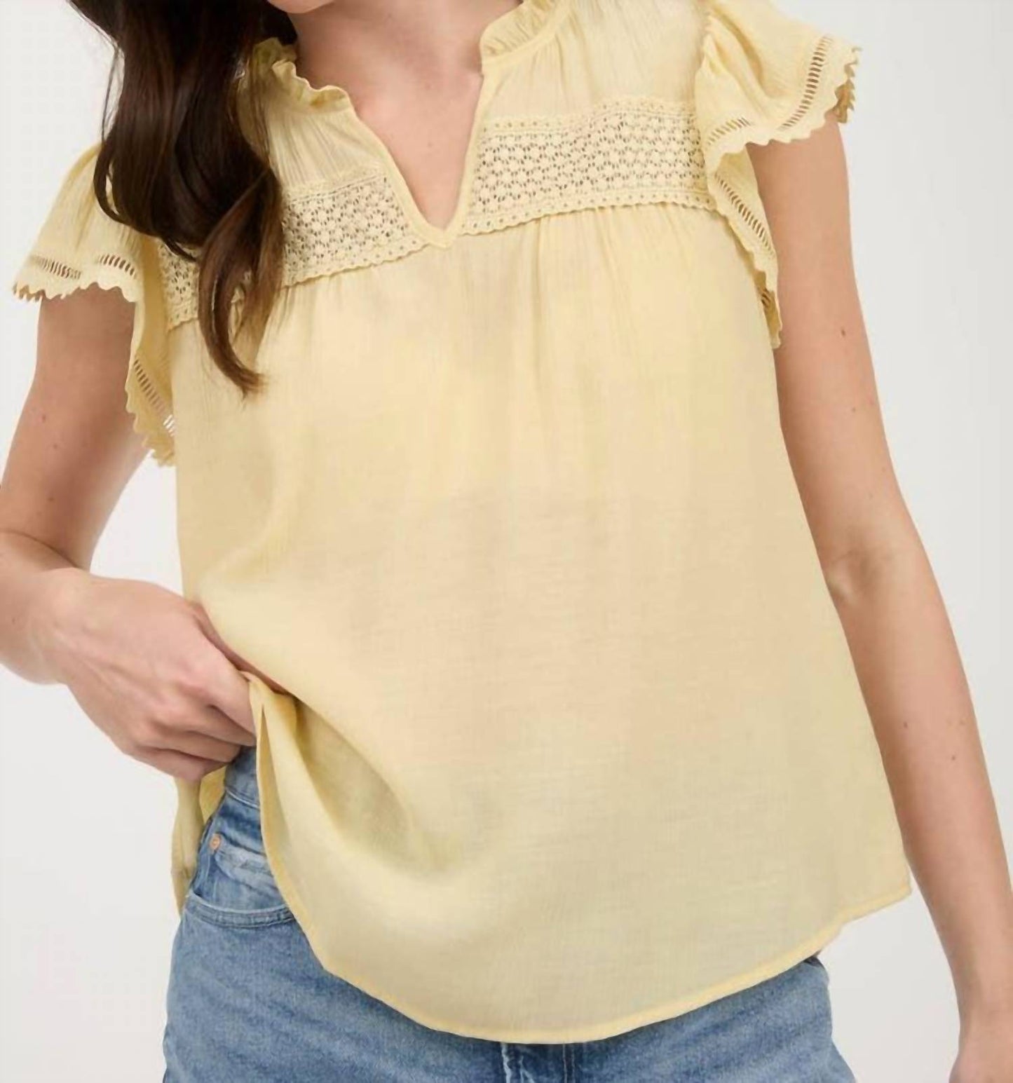 Blu Pepper - Split Neck Eyelet Crochet Trim Ruffle Detail Top