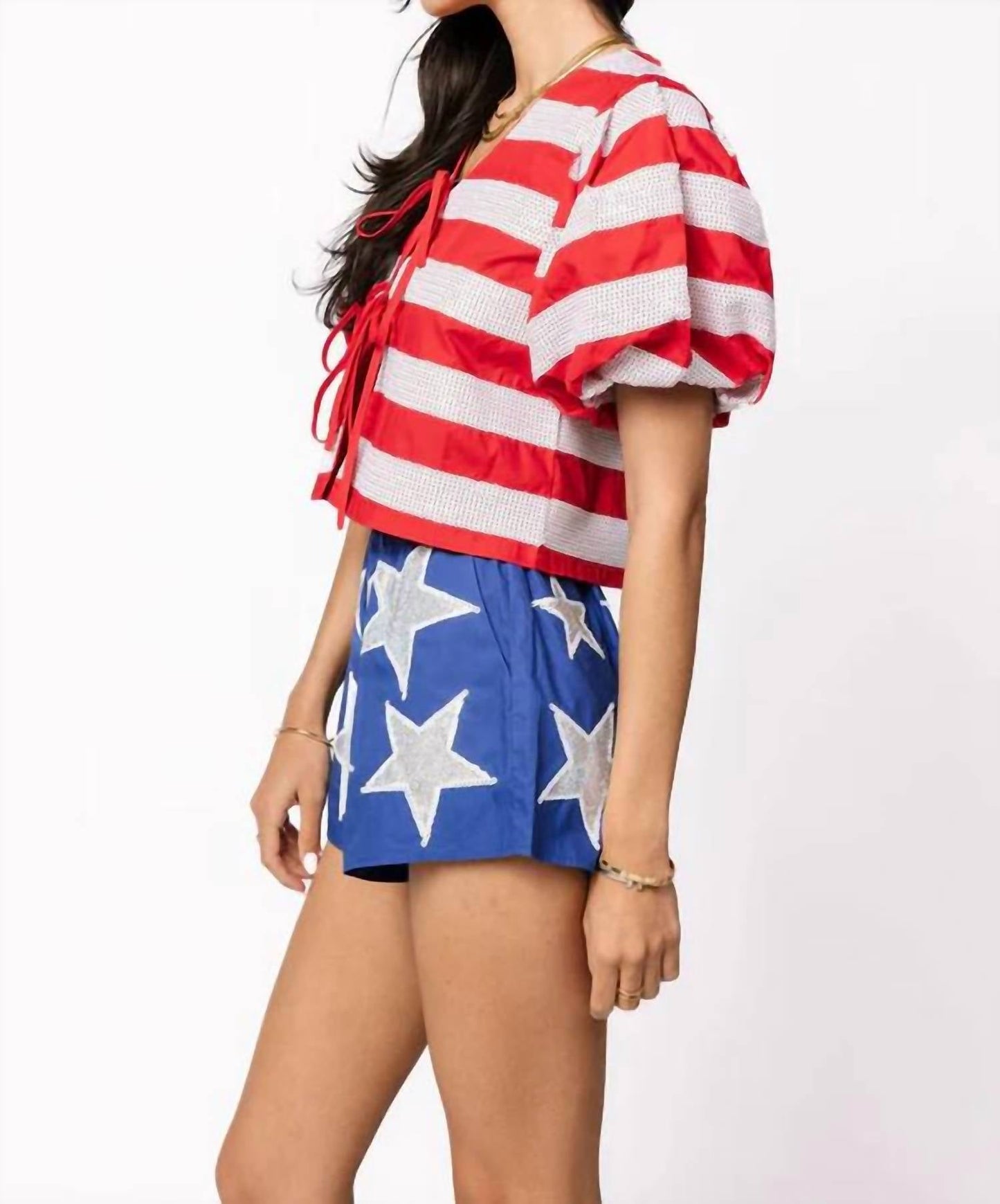 Queen Of Sparkles - STRIPE COTTON POOF SLEEVE TIE TOP