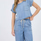 Blu Pepper - Washed Chambray Boat Neck Short Sleeve Crop Top