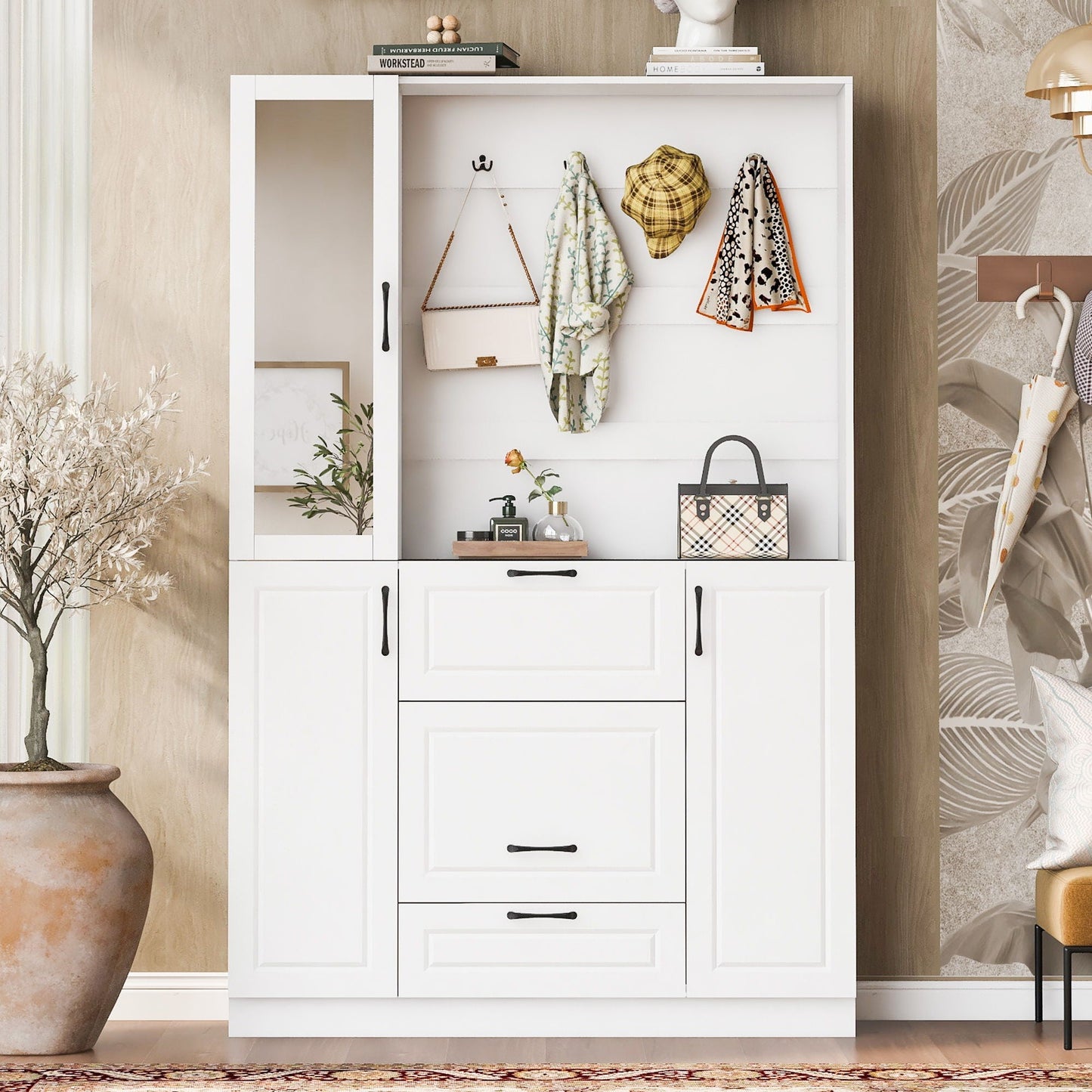 Entryway Bench With Integrated Shoe Cabinet and Mirrored Door