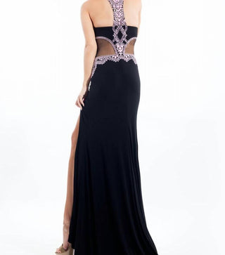 Rachel Allan - Beaded Jersey Prom Gown With High Slit