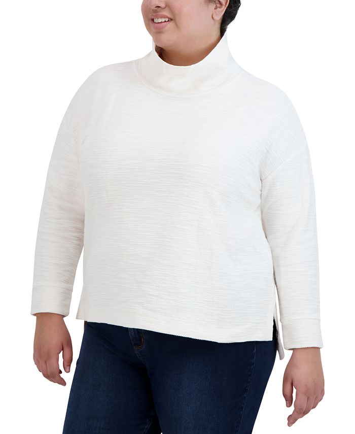 Jones New York Women's Cotton Side Slits Turtleneck Top White Size 2X
