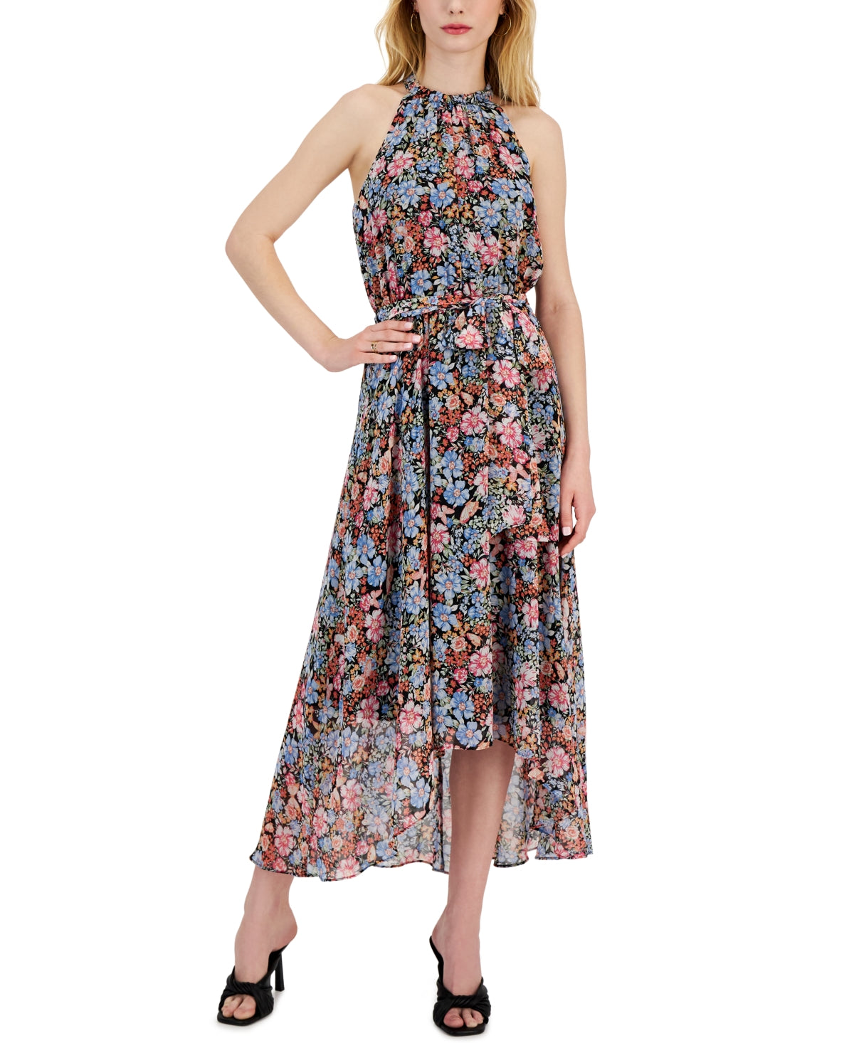 INC International Concepts Women's Printed Chiffon High Low Midi Dress Black Size 14