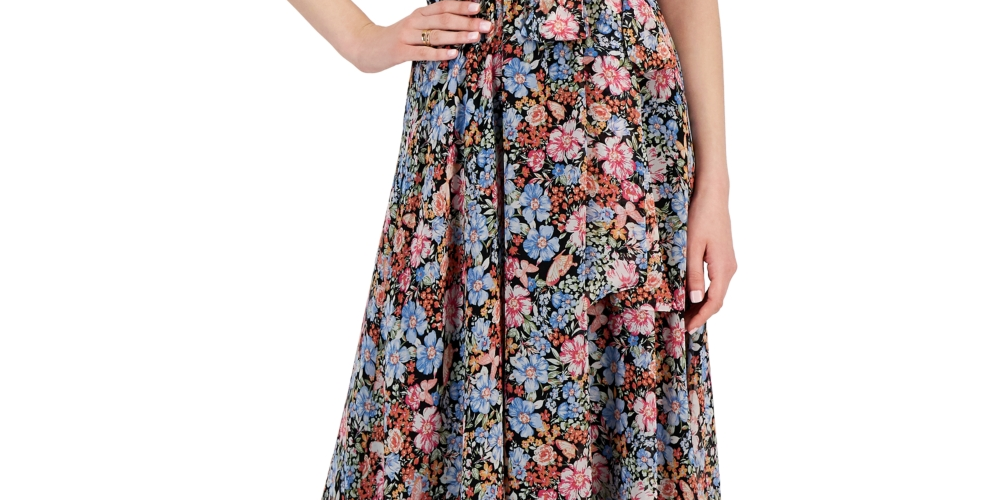 INC International Concepts Women's Printed Chiffon High Low Midi Dress Black Size 14