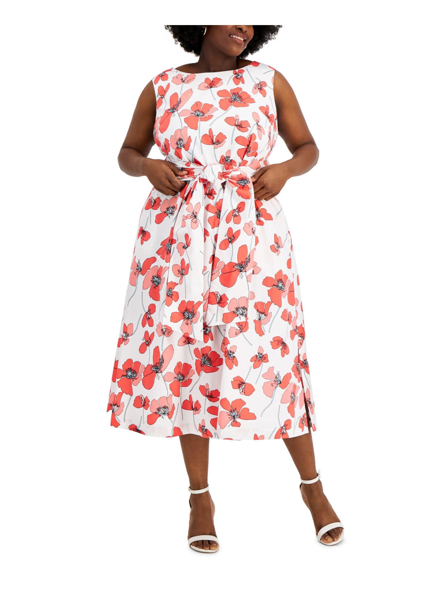 Anne Klein Women's Pocketed Tie Front Slit Hems Lined Floral Sleeveless Round Neck Midi Wear To Work Fit Flare Dress Plus Red Size 1X