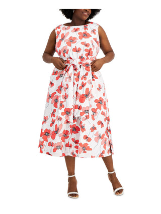 Anne Klein Women's Pocketed Tie Front Slit Hems Lined Floral Sleeveless Round Neck Midi Wear To Work Fit Flare Dress Plus Red Size 1X