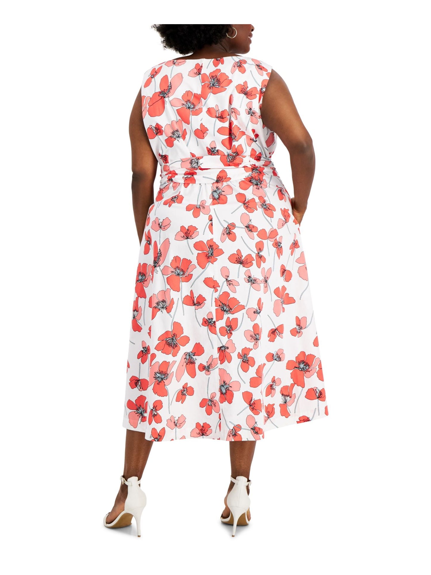 Anne Klein Women's Pocketed Tie Front Slit Hems Lined Floral Sleeveless Round Neck Midi Wear To Work Fit Flare Dress Plus Red Size 1X
