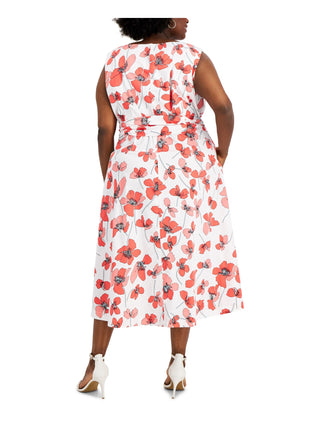 Anne Klein Women's Pocketed Tie Front Slit Hems Lined Floral Sleeveless Round Neck Midi Wear To Work Fit Flare Dress Plus Red Size 1X