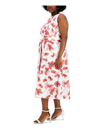 Anne Klein Women's Pocketed Tie Front Slit Hems Lined Floral Sleeveless Round Neck Midi Wear To Work Fit Flare Dress Plus Red Size 1X