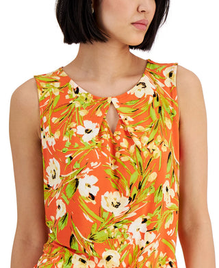 Kasper Women's Floral Printed Keyhole Top Orange Size Small