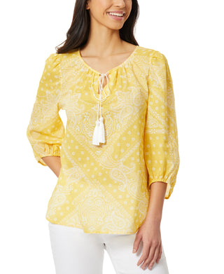 Jones New York Women's Tie Neck High Low Elastic Sleeve Tunic Top With Tassels Yellow Size Large