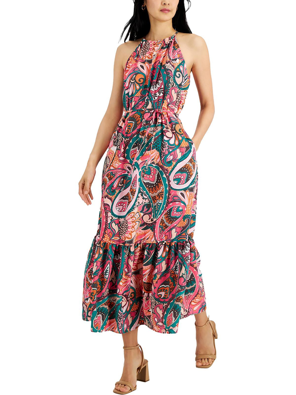 INC International Concepts Women's Printed Tired Maxi Dress Pink Size 4