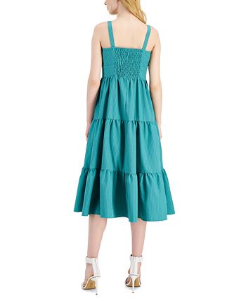 INC International Concept Women's Smocked Adjustable Pullover Tiered Striped Sleeveless Square Neck Midi Fit Flare Dress Green Size 14