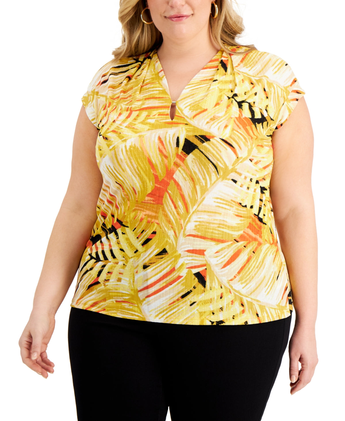 Kasper Women's Printed Cap Sleeve Top Orange Size 1X