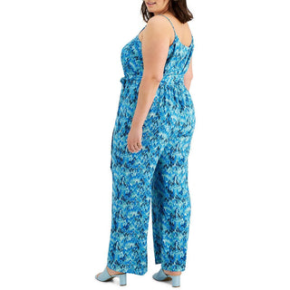 Bar III Women's Plus V Neck Printed Jumpsuit Blue Size 1X