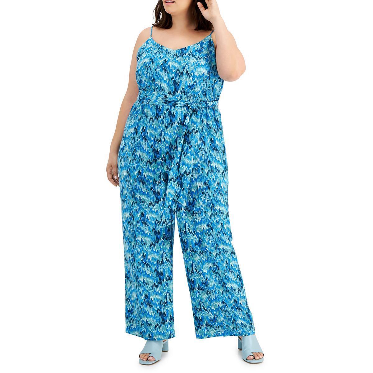 Bar III Women's Plus V Neck Printed Jumpsuit Blue Size 3X