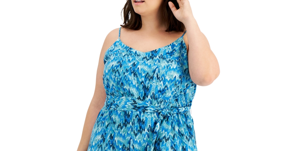 Bar III Women's Plus V Neck Printed Jumpsuit Blue Size 3X