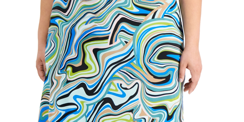 Bar III Women's Swirl Print Midi Skirt Blue Size 14W