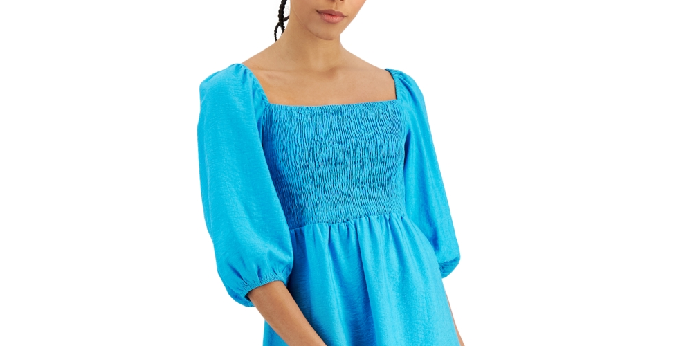 Bar III Women's Puff Sleeve Smocked Dress Blue Size Small