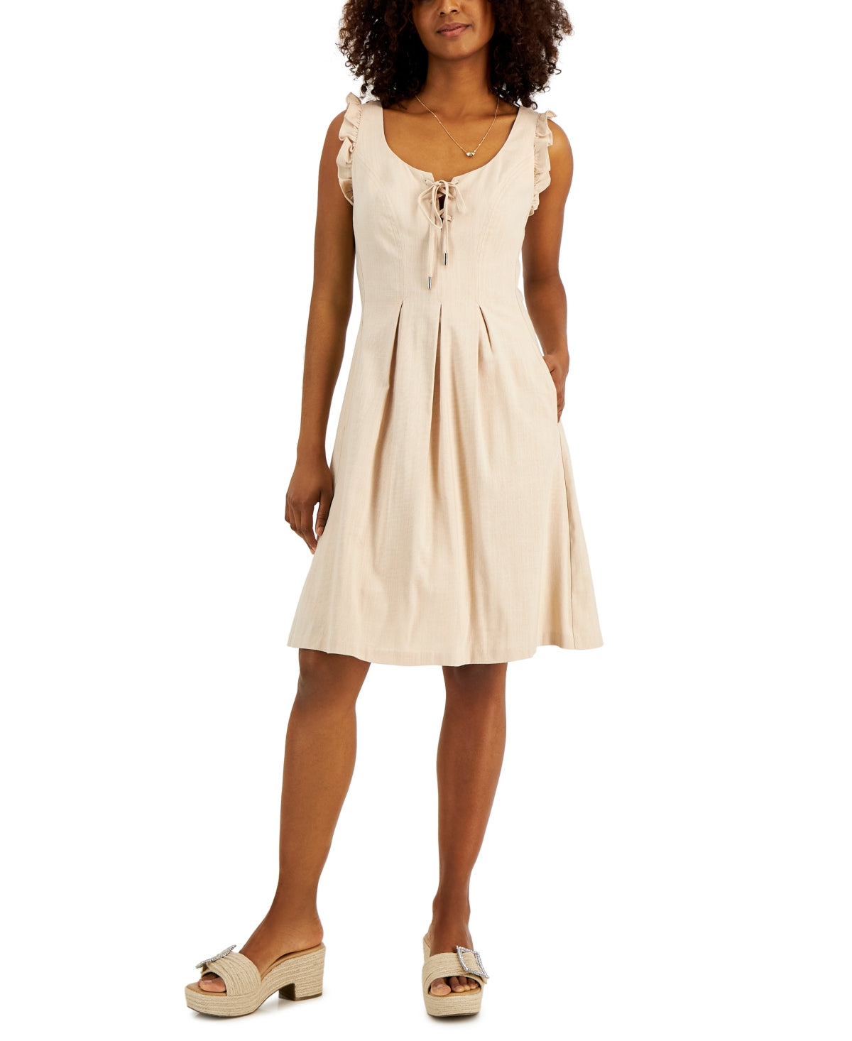 INC International Concepts Women's Box Pleat Above Knee Fit & Flare Dress Brown Size 16