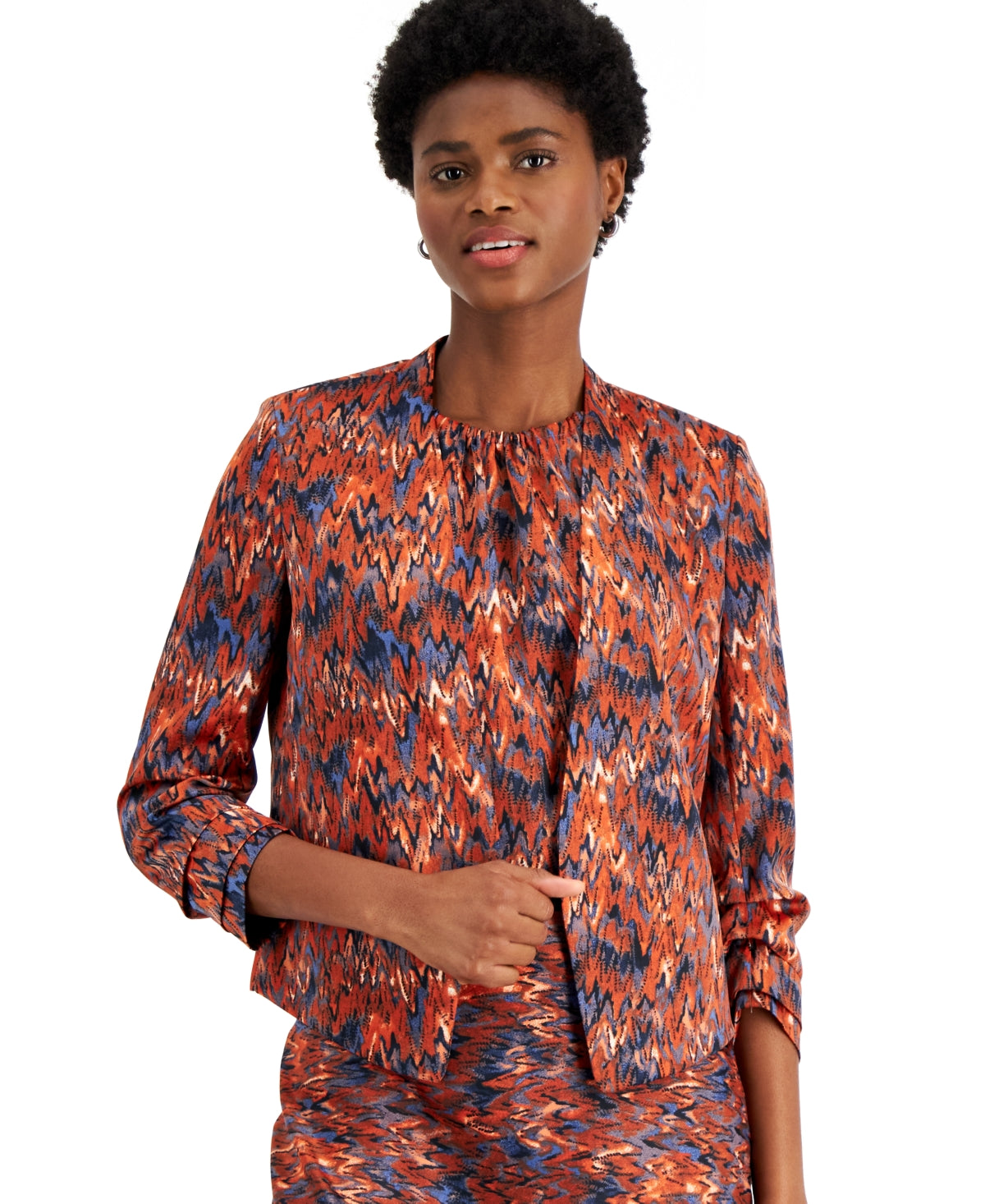Bar III Women's Ikat Print Scrunch Sleeve Blazer Blue Size XX-Small