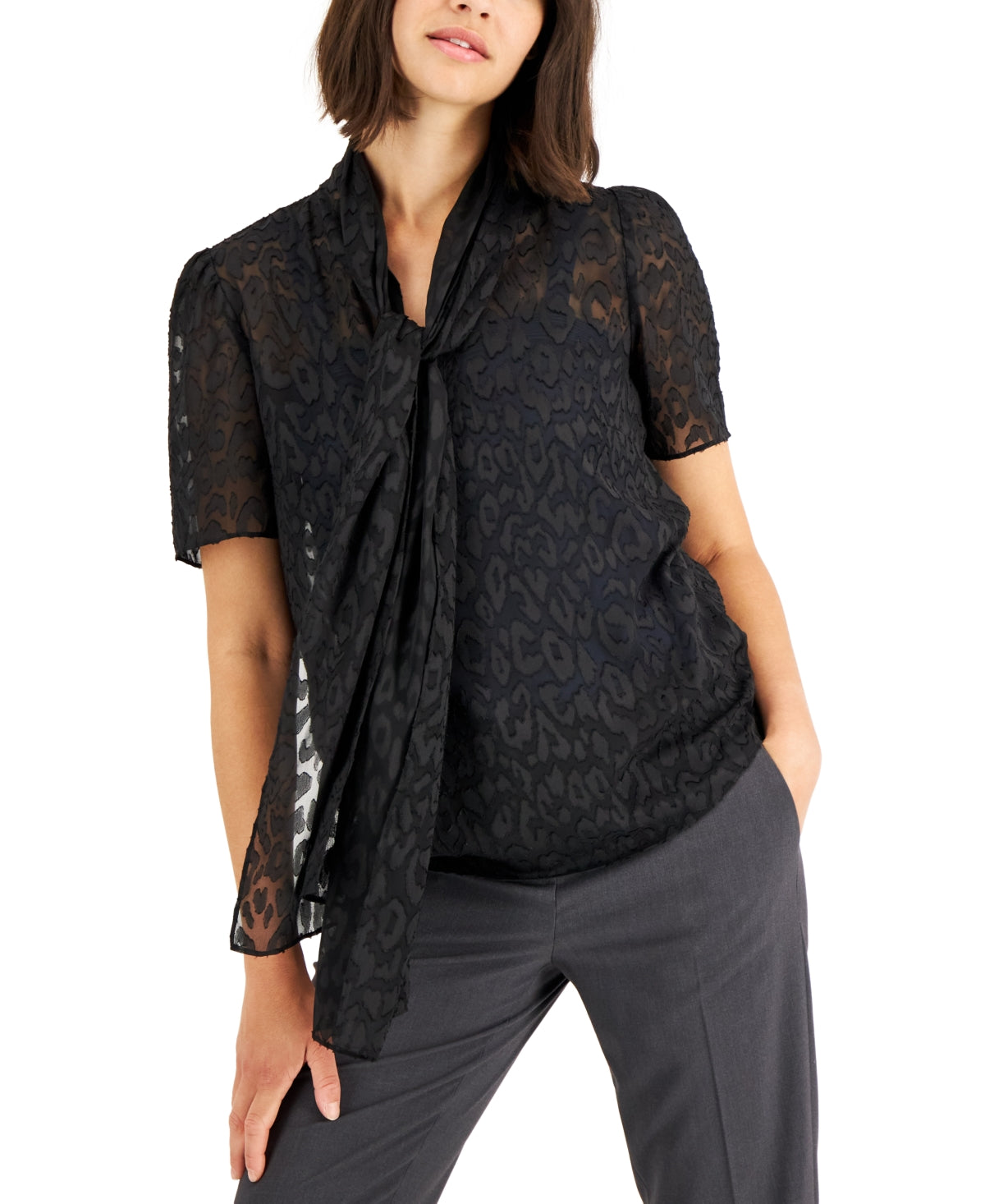 Anne Klein Women's Cheetah Jacquard Tie Neck Blouse Black Size 14