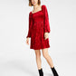 Bar III Women's Velvet Smocked Long Sleeve Dress Red  Size X-Large