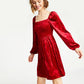 Bar III Women's Velvet Smocked Long Sleeve Dress Red  Size X-Large