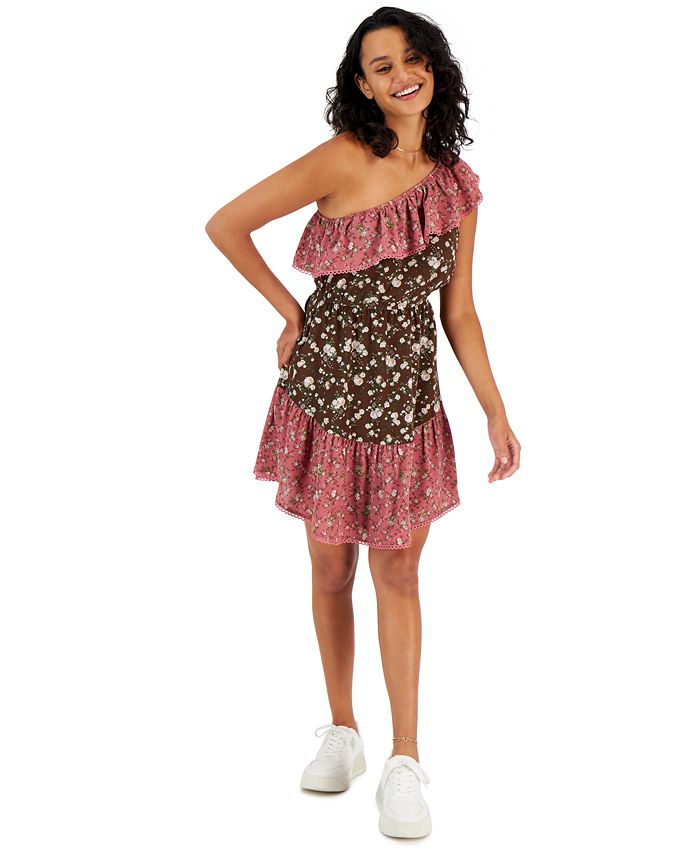 Bar III Women's Asymmetrical One Shoulder Ruffled Dress Brown Size X-Large