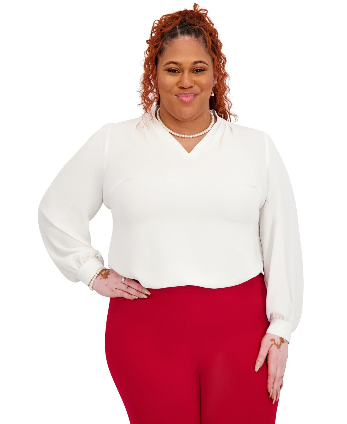 Kasper Womens Long Sleeve V Neck Blouse White