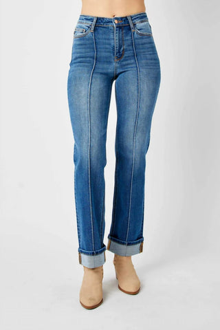 Judy Blue - High Waist Front Seam Detail & Cuffed Straight Jeans