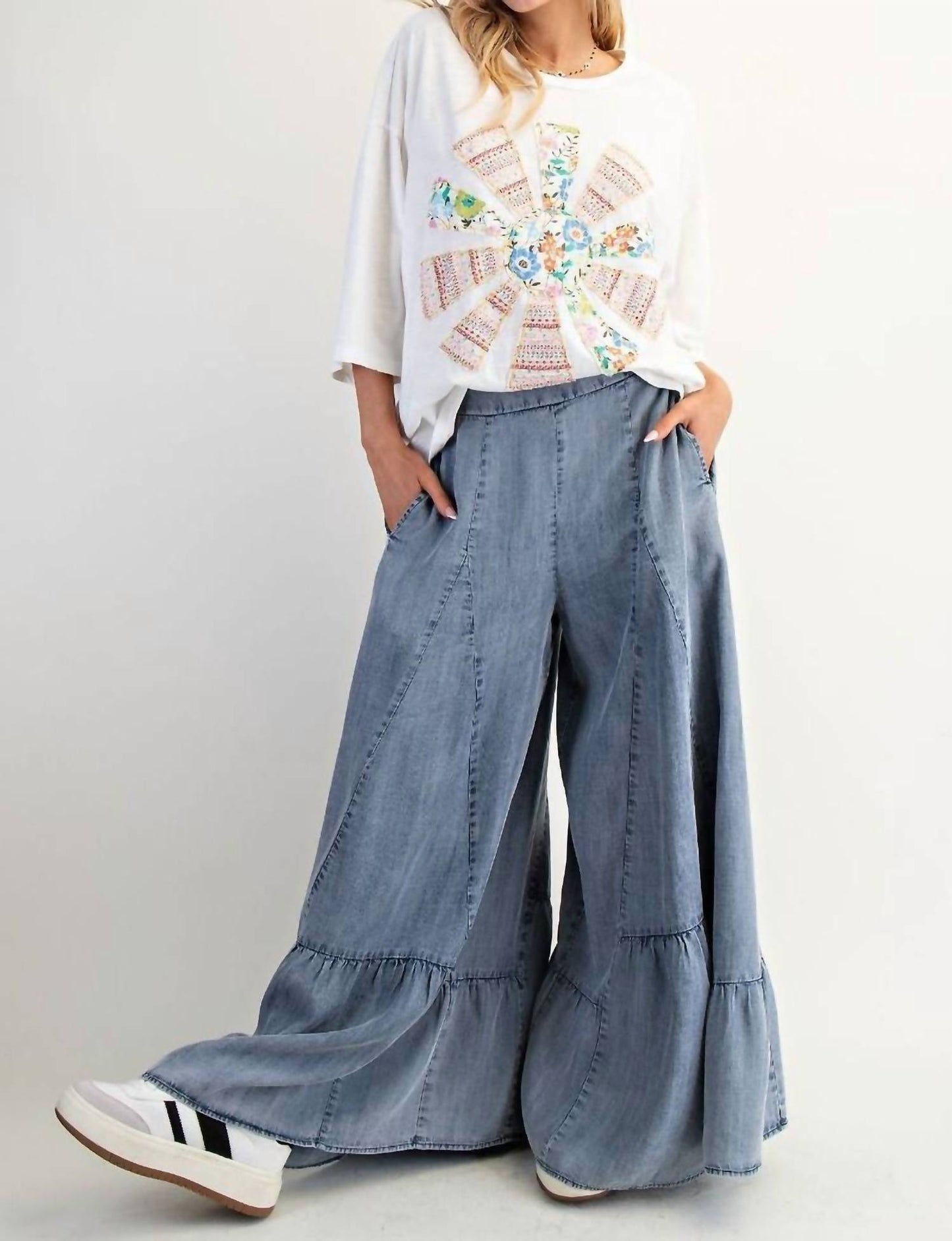 Easel - Ruffle Bottom Hem Washed Wide Leg Palazzo Pants
