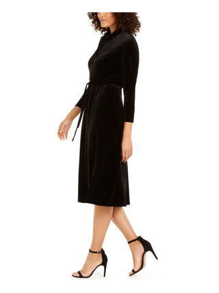 ANNE KLEIN Women's Black 3/4 Sleeve Collared Midi Shirt Dress Size 0