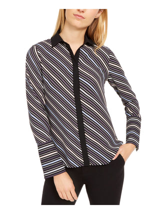 Anne Klein Women's Striped Long Sleeve Collared Top Gray Size X-Small
