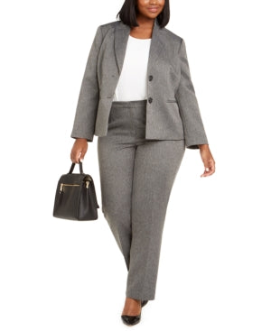 Le Suit Women's Plus Size Herringbone-Print Pants Suit